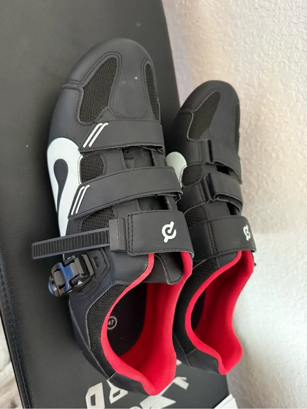Peloton Black Cycling Shoes with Red Lining and Triple-Strap Closure